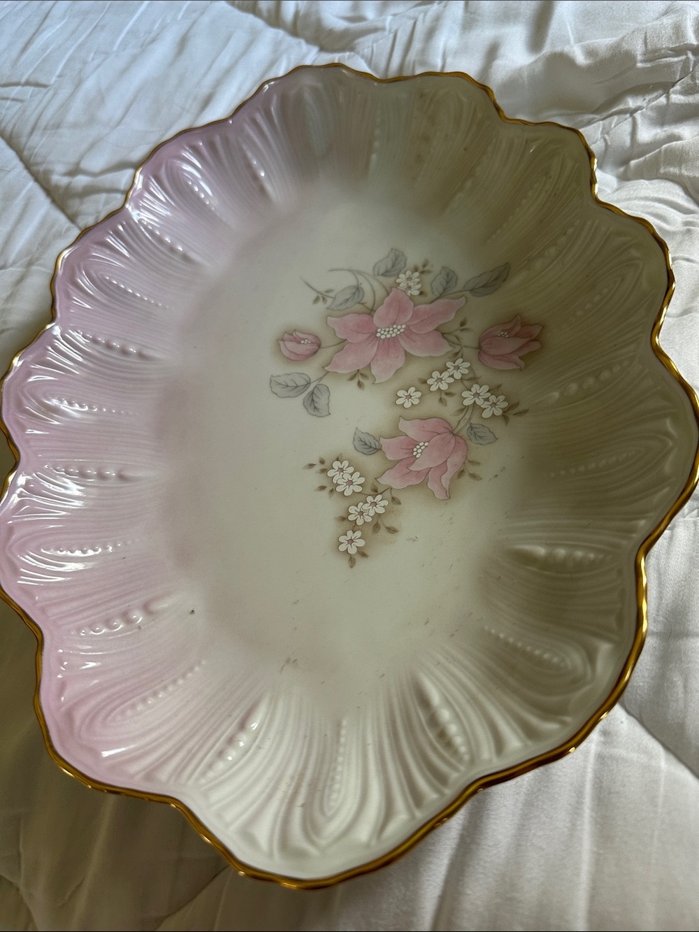 Limoges Pink and White Floral Porcelain Bowl with Gold Trim